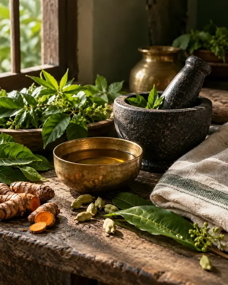 Fresh herbs, turmeric, and traditional brass vessels prepared in natural light
