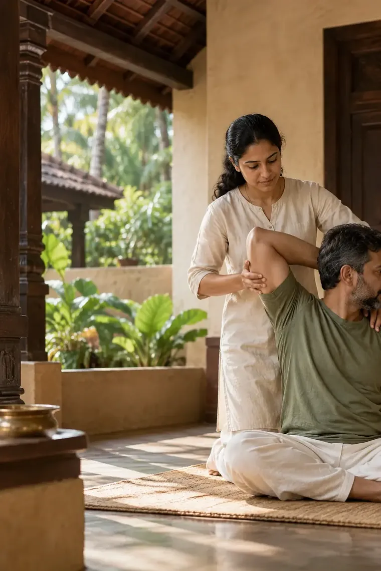 A therapist guiding a patient through a gentle movement session on a veranda
