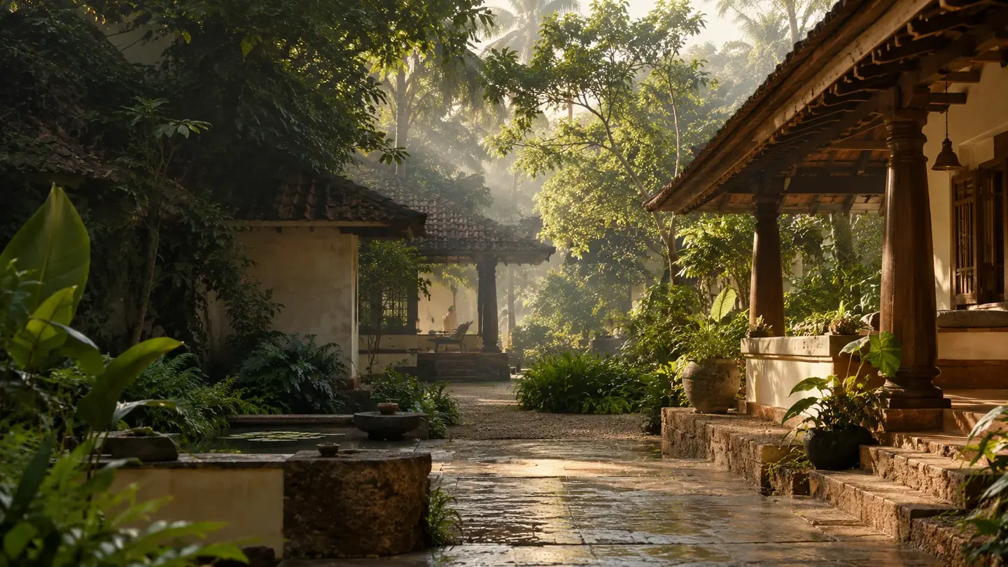 Sunlit Kerala courtyard surrounded by tropical greenery